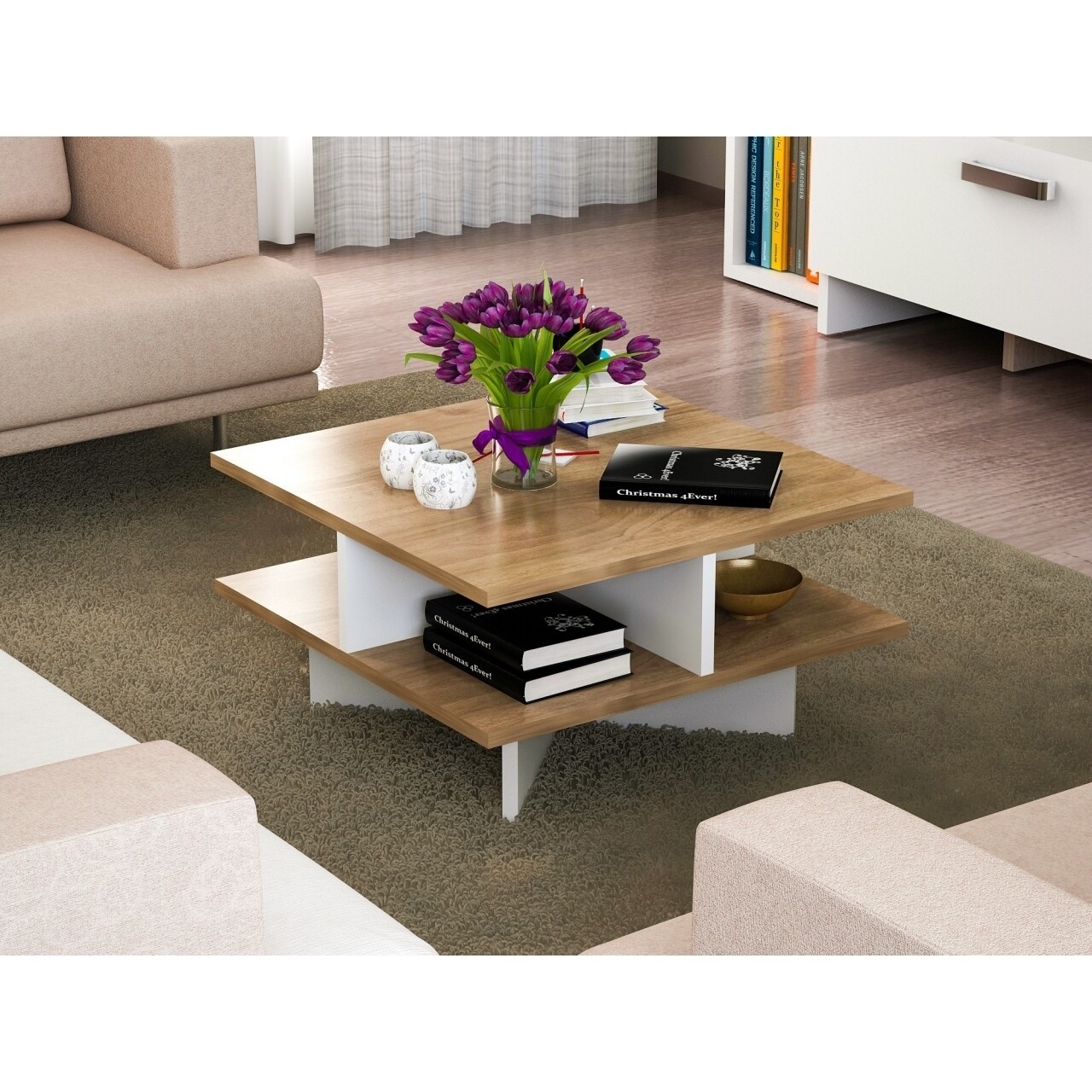 Masuta pentru living, Wooden Art, Hamton Walnut White, 60x60x31.2 cm - imagine 5